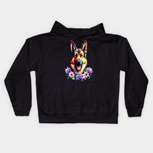 German Shepherd Dog Surrounded by Beautiful Spring Flowers Kids Hoodie